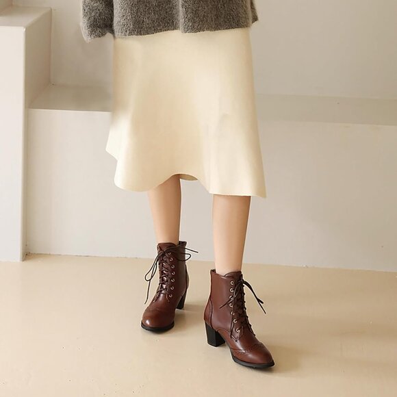 Womens Wingtip Ankle Boots Chunky Heel Lace Up Round Toe Winter Shoes - Picture 7 of 7